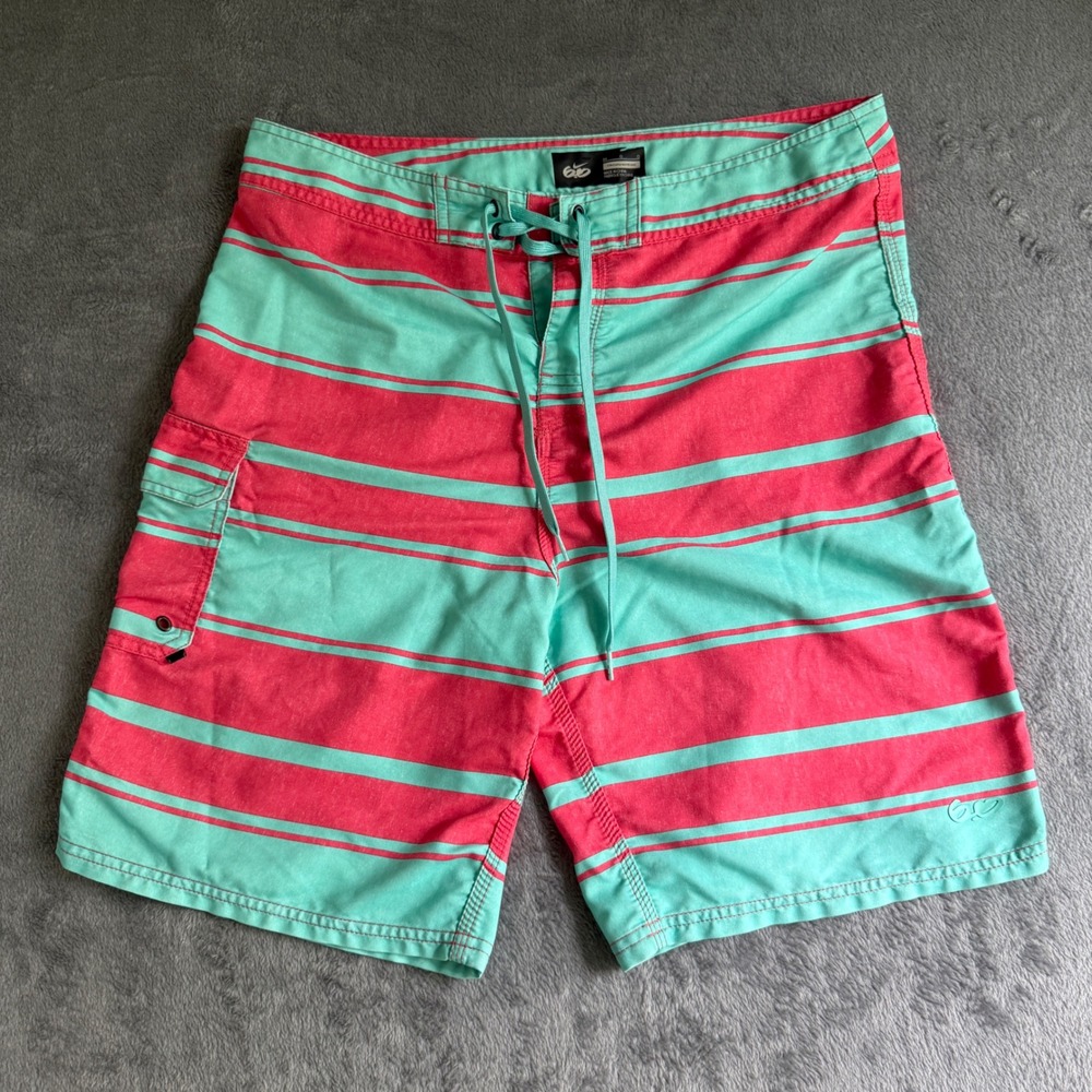 Nike 6.0 Board Shorts Mens 34 Teal Pink Striped Swim Trunks‎ Cargo Pocket